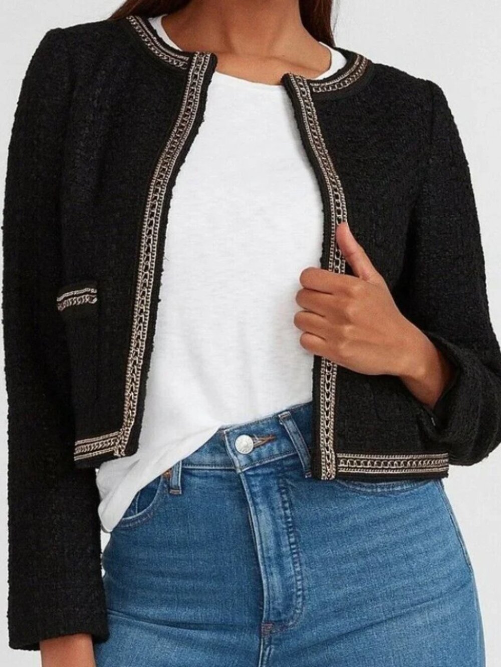 NWT Express Black Bouclé Tweed Gold Chain Trim Cropped Jacket Blazer XS